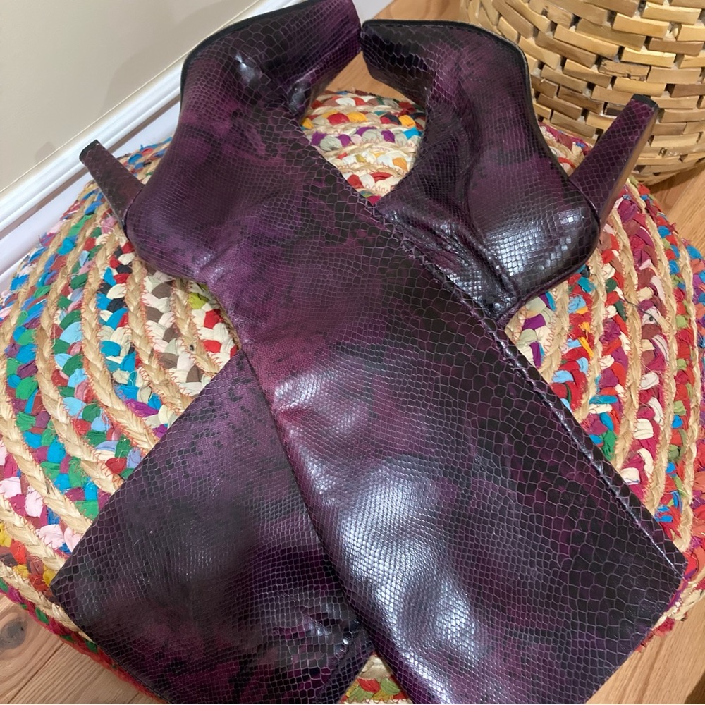 Charles David Y2K purple snakeskin heeled boots